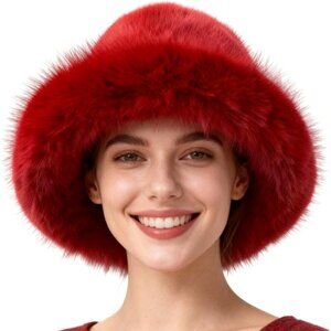 Women's Dark Red Oversized Winter Long Pile Fur Wide Moldable Brim Warmer Cap